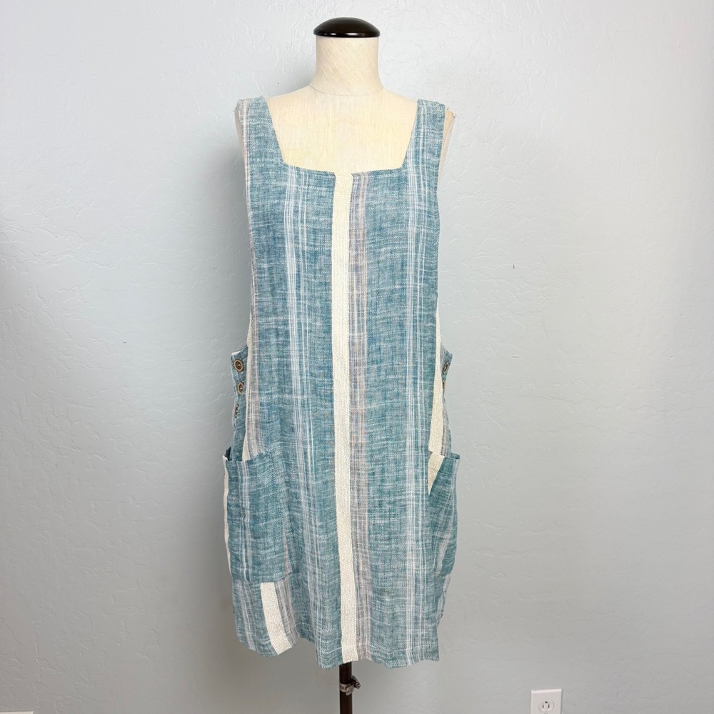 Entro Blue Striped 100% Linen Jumper Dress Large Pockets Sleeveless